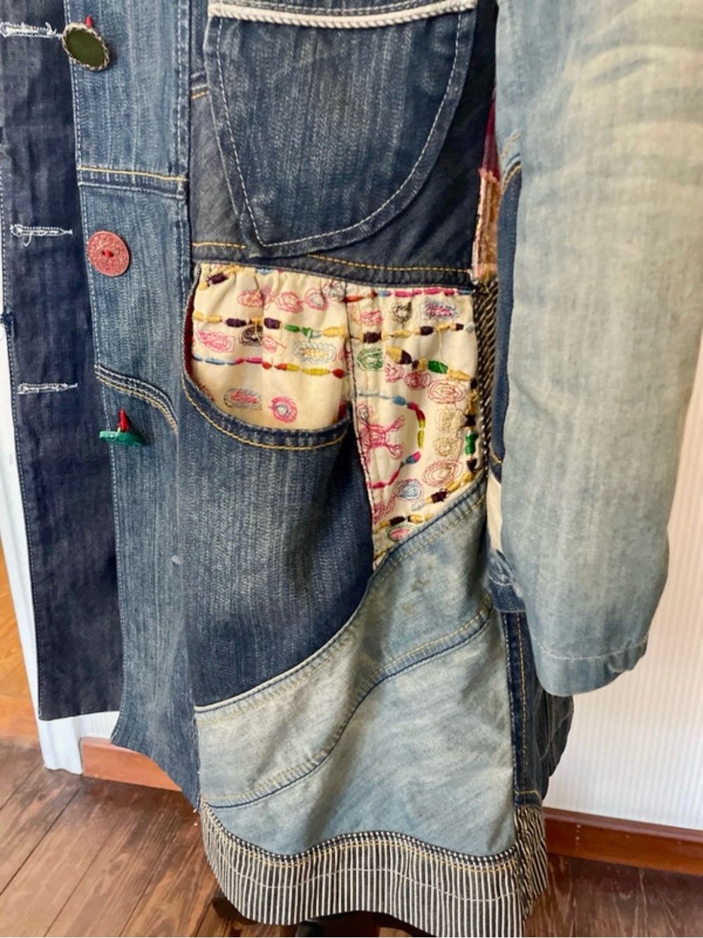 Desigual Patchwork Denim Coat in Light & Dark Blues, Collage & Colorful Buttons - Picture 6 of 14